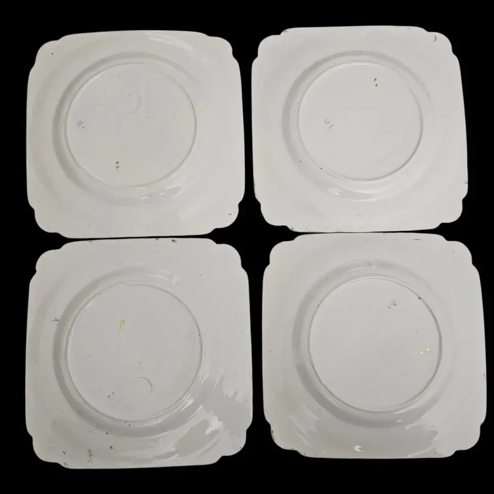 Antique English Floral Square Dessert Plates Set 4 Rose Gilt Border